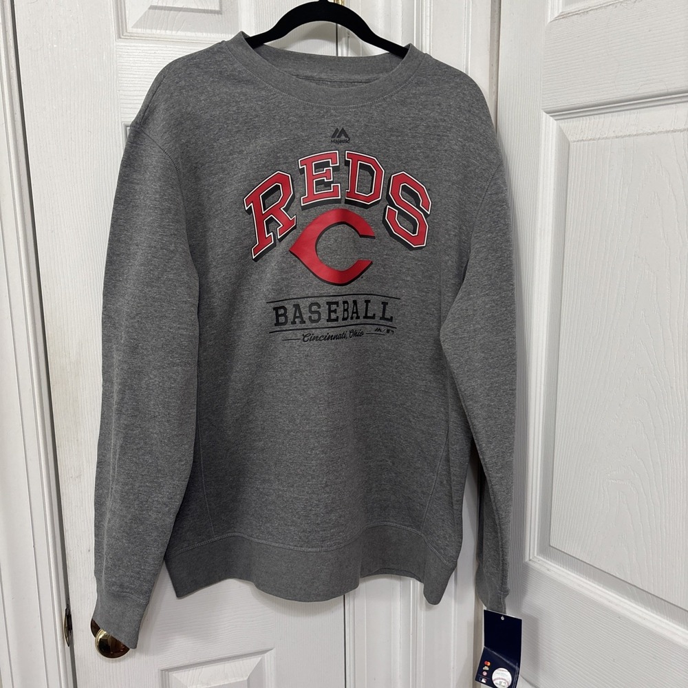 NEW Cincinnati Reds Majestic Sweatshirt Sz L Gray Heather Athletic Fit Crew Neck